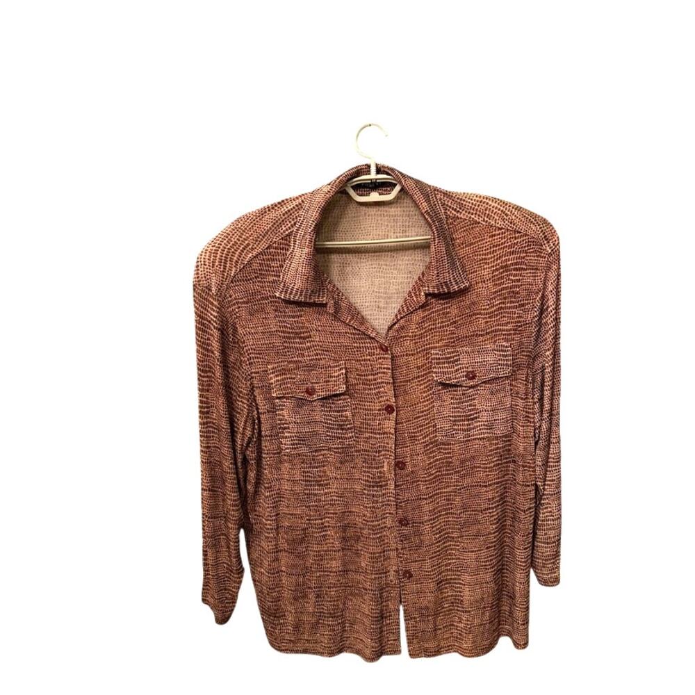 Vikki Vi Shirt Womens 2X Taupe Brown Animal Print Textured Slinky Knit Retro